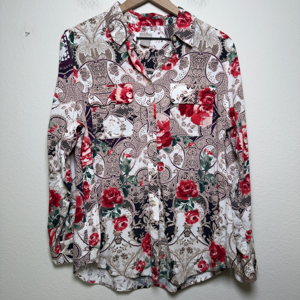 Chico's Women Button Down Top Medium Multicolor Paisley Floral Artsy Rose Lagen